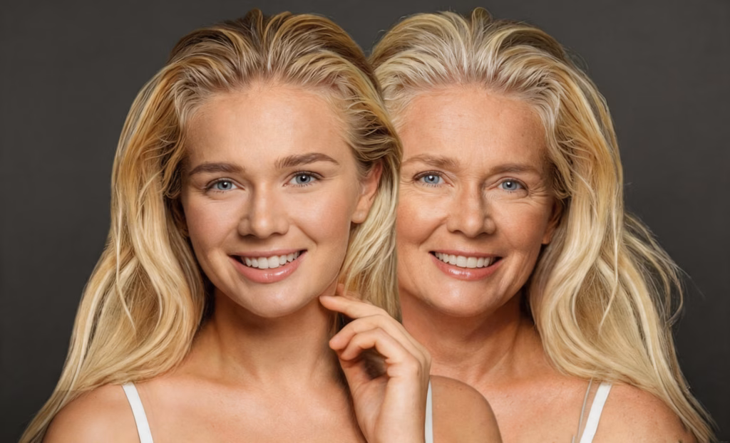 Comparison photos of a face with sufficient vs. deficient collagen